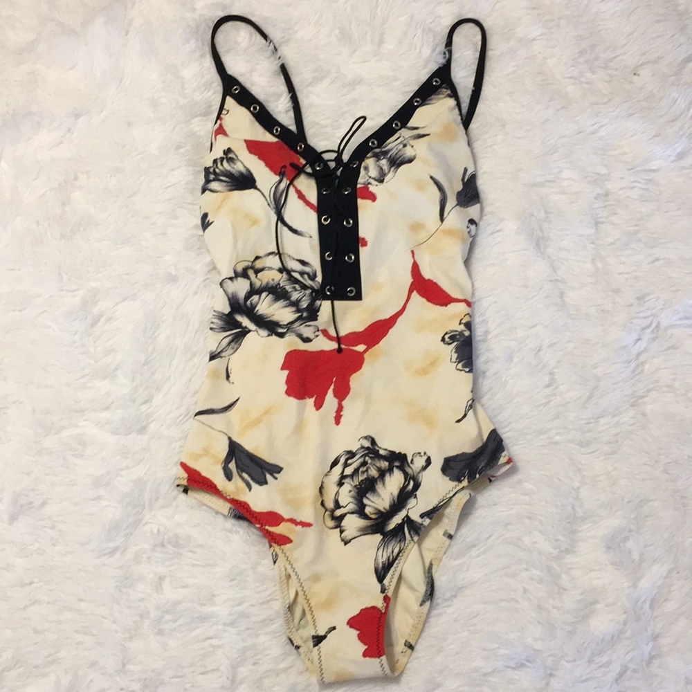 NWOT SHAN Deep V Ladder Front Floral One Piece 6